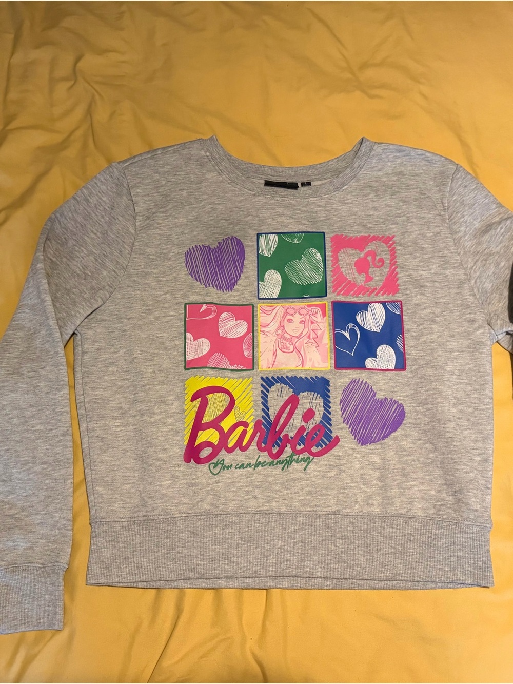 Barbie Gray Sweatshirt with Pink, Purple, Blue, Green & Yellow Graphic Hearts